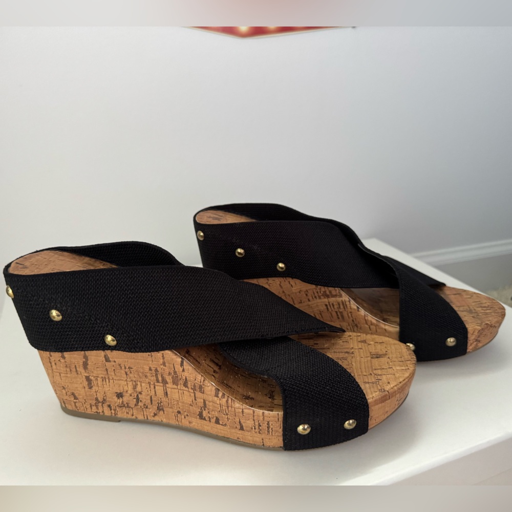 Montego Bay Club Black Cork Wedge Sandals 9.5 (Fit 9)